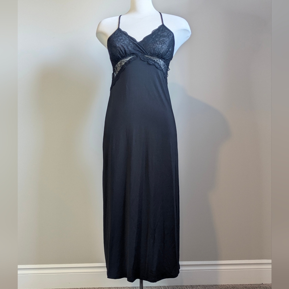 Black Lace Detail Dress Midi Maxi Low  Swing Slinky Formal Sleep Small Medium
